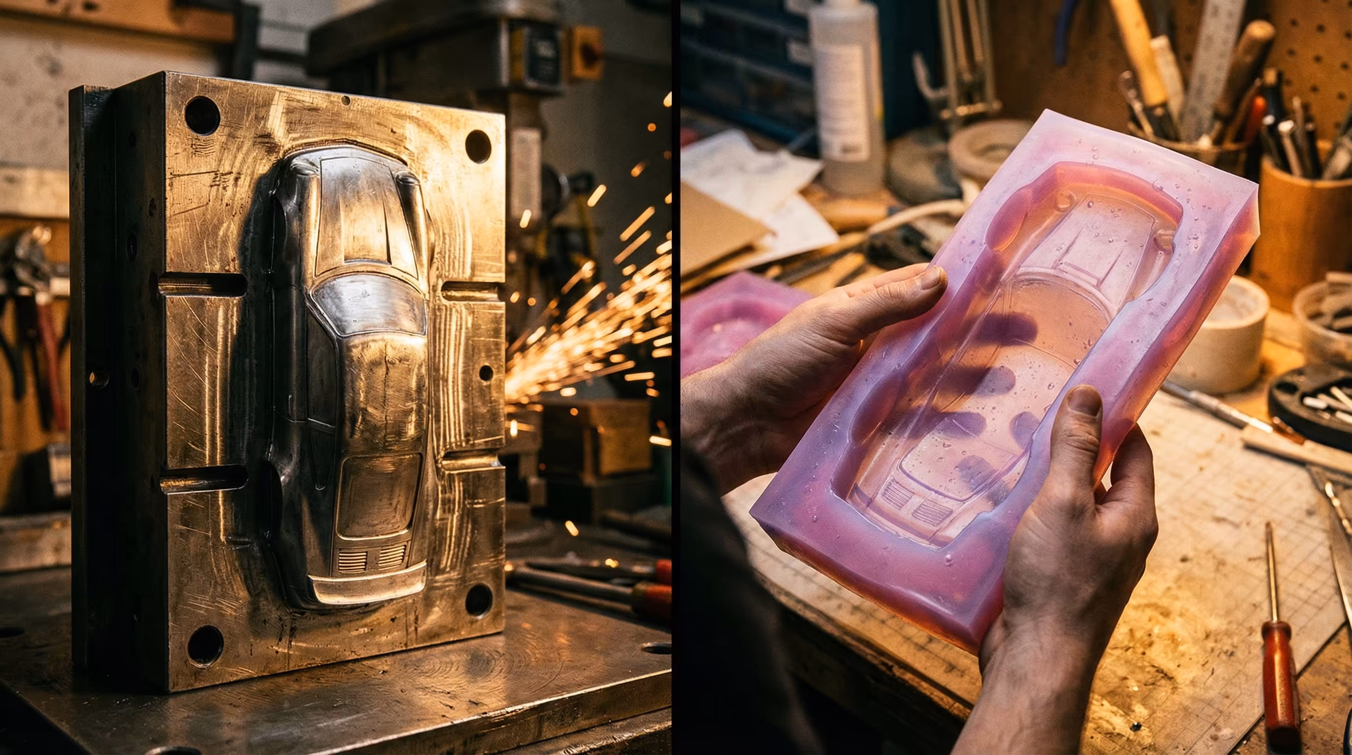 Molde de fundicion de acero para diecast junto a molde de silicona para maquetas resina