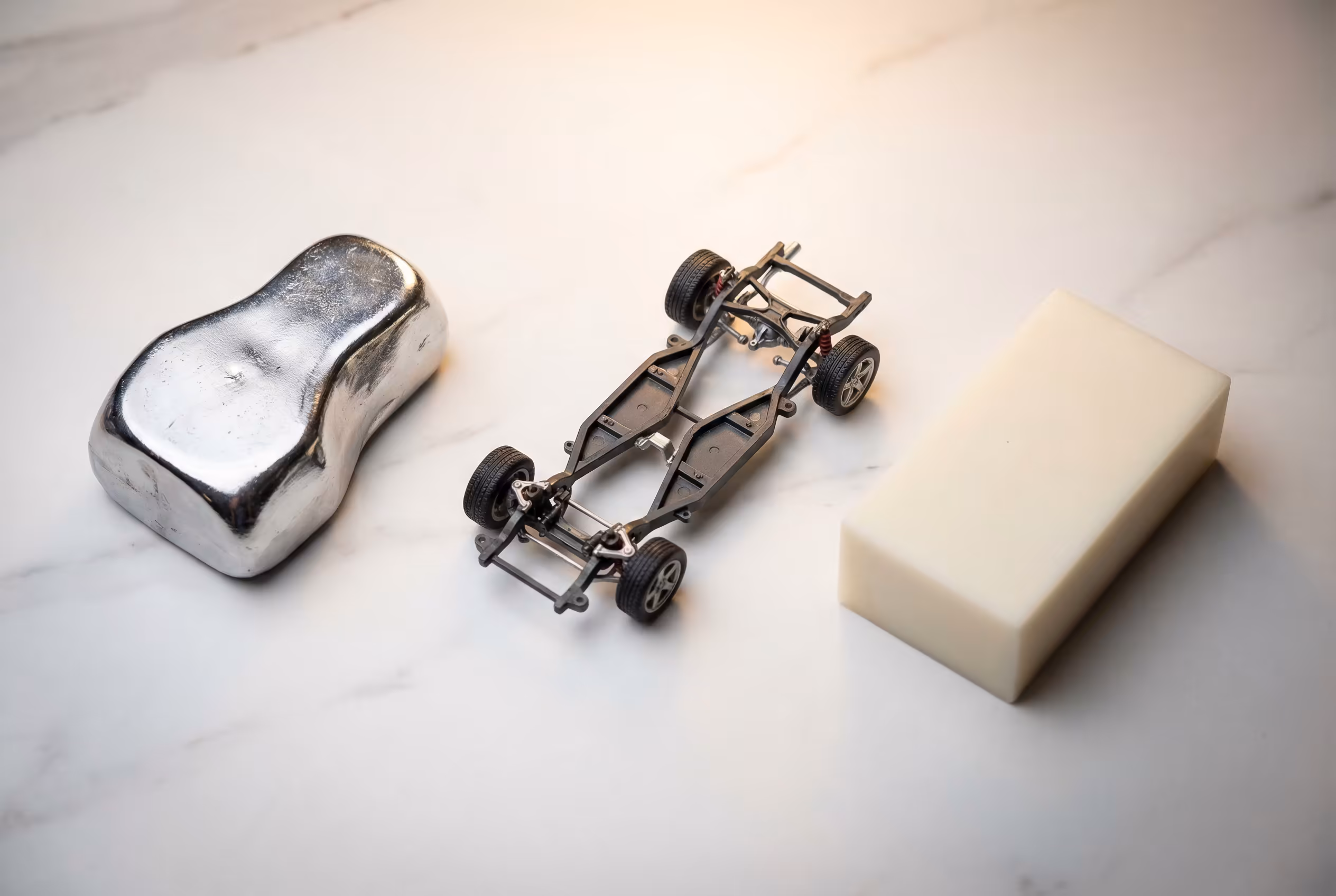 Aleacion zamak y resina de poliuretano junto a chasis de miniatura de coche a escala 1:18