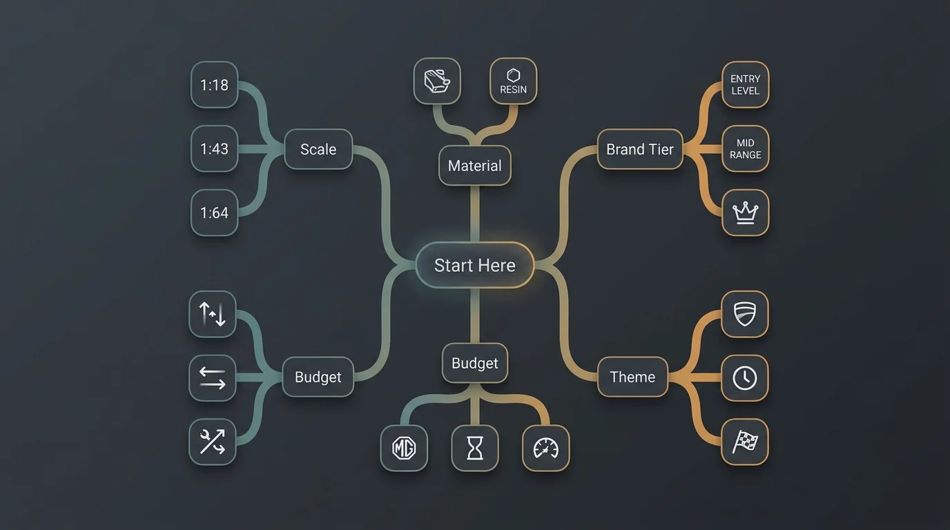 Entscheidungsdiagramm für Modellauto Sammler mit fünf Schlüsselfragen zu Maßstab, Material, Marke, Budget und Thema