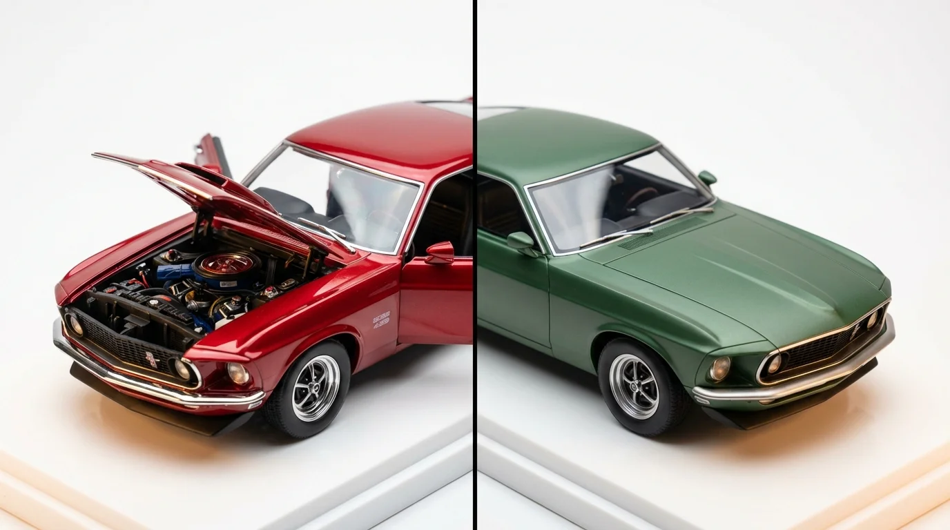 Direktvergleich Diecast-Modell mit öffnenden Türen neben geschlossenem Resin-Modell zeigt Materialunterschiede