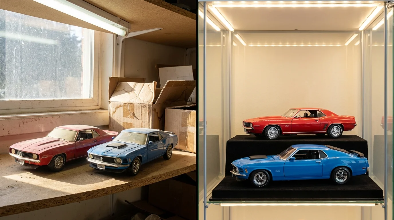 Vergleich schlechter Lagerung auf staubigem Regal neben korrekter Aufbewahrung in Glasvitrine mit UV-Schutz