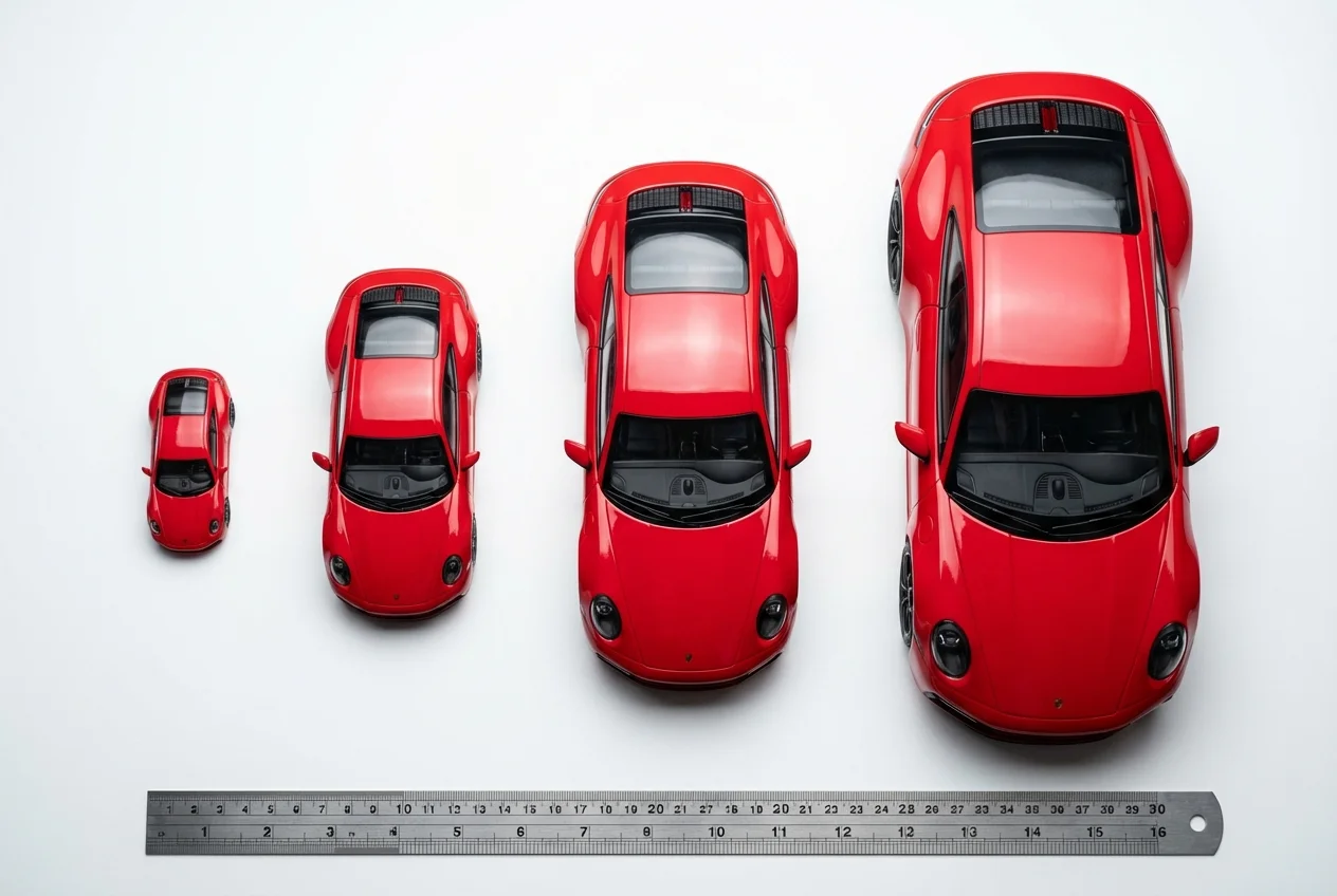 Vergleich desselben Modellautos in Maßstab 1:64, 1:43, 1:18 und 1:12 nebeneinander mit Größenunterschieden