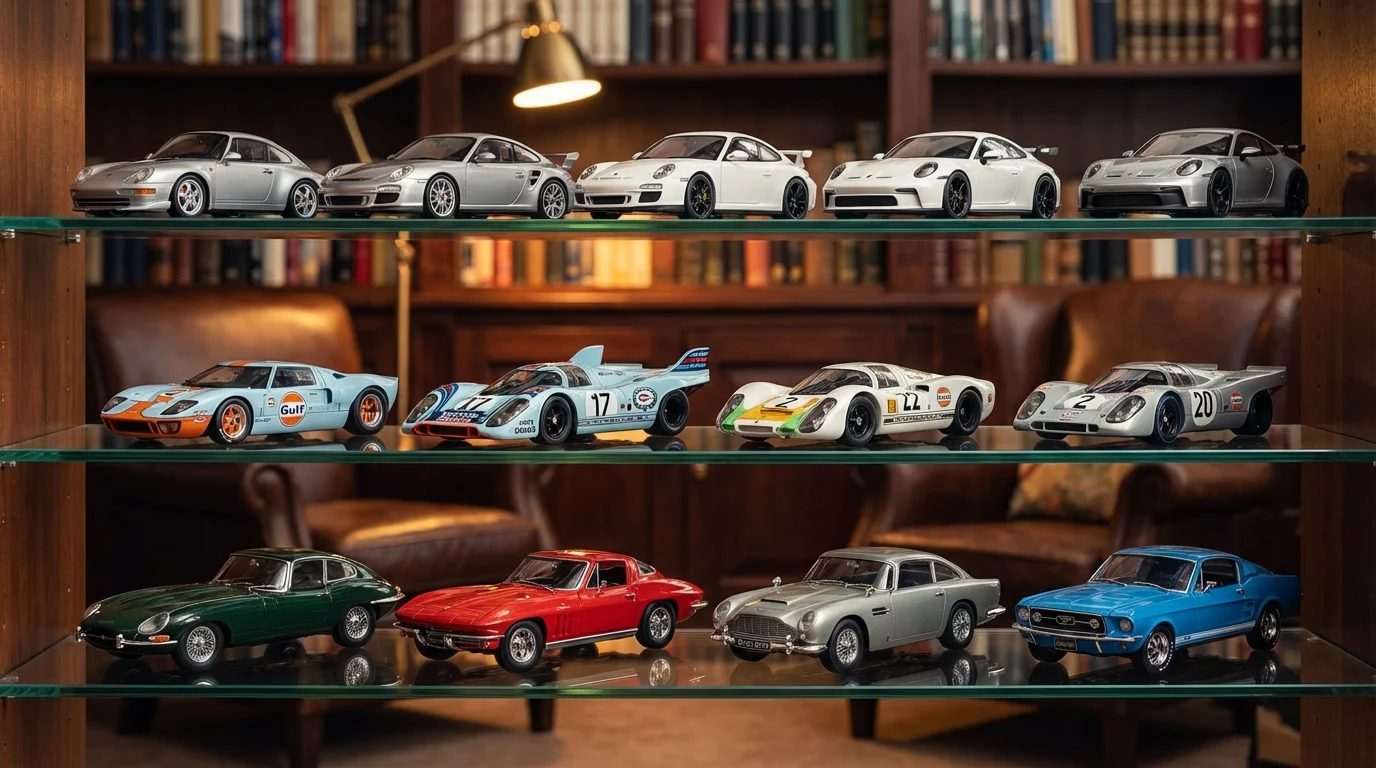 Drei thematische Mini-Sammlungen nebeneinander: Markensammlung, Ära-Sammlung und Motorsport-Sammlung