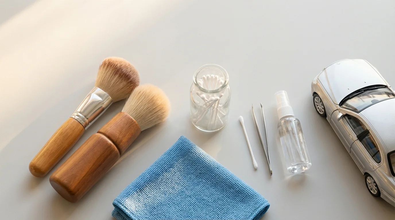 Diecast-Modellauto wird mit Mikrofasertuch gereinigt