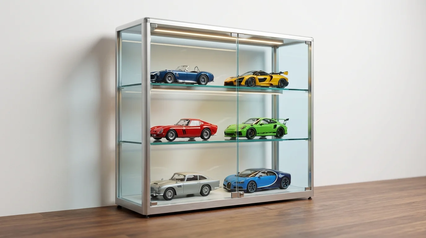 Modellauto Vitrine mit 1:18 Diecast-Modellen hinter UV-Schutzglas