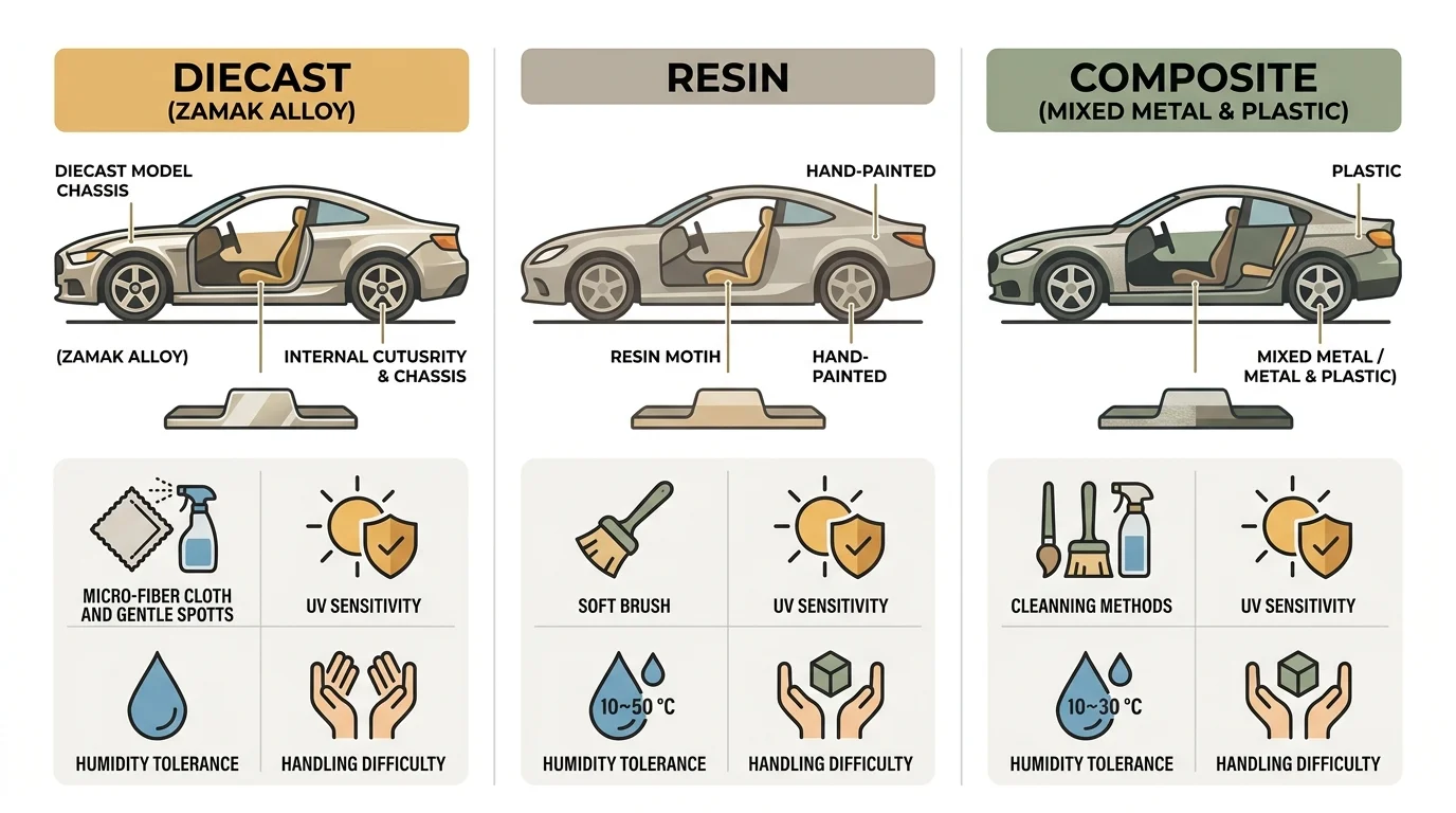 Übersicht Materialvergleich Diecast Resin Composite Pflege